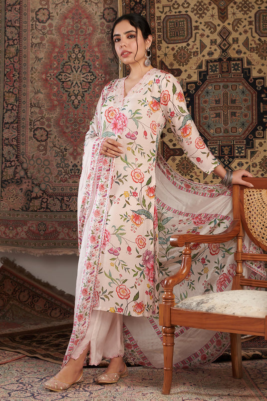 Ivory Cotton Silk Hand Embroidery Floral V Neck Pattern Kurta Set