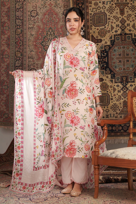 Ivory Cotton Silk Hand Embroidery Floral V Neck Pattern Kurta Set