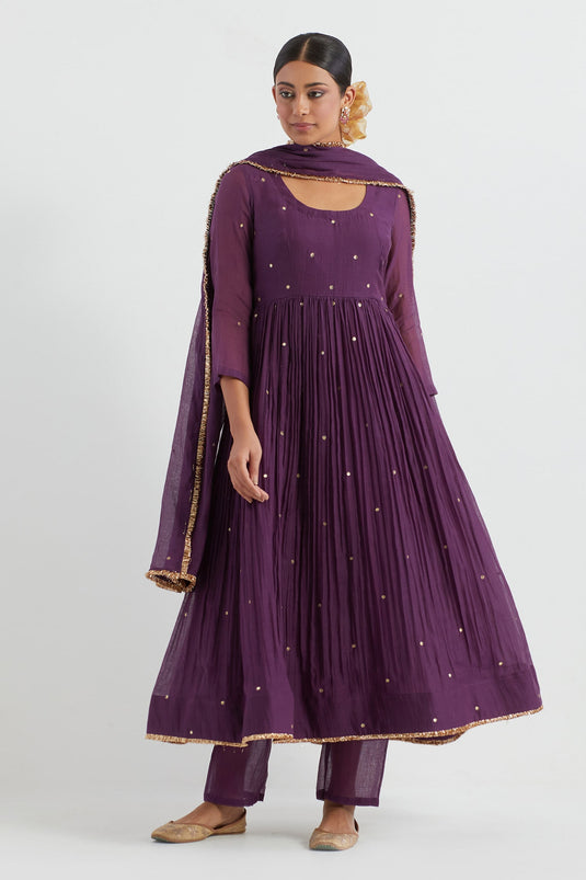 Purple Light Chanderi Embellished Sequin Round Butti Pattern Anarkali Pant Set