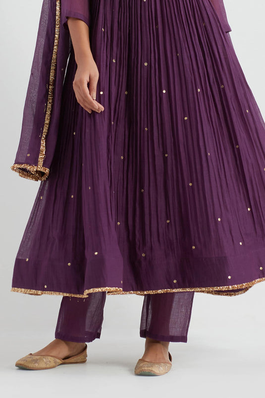 Purple Light Chanderi Embellished Sequin Round Butti Pattern Anarkali Pant Set