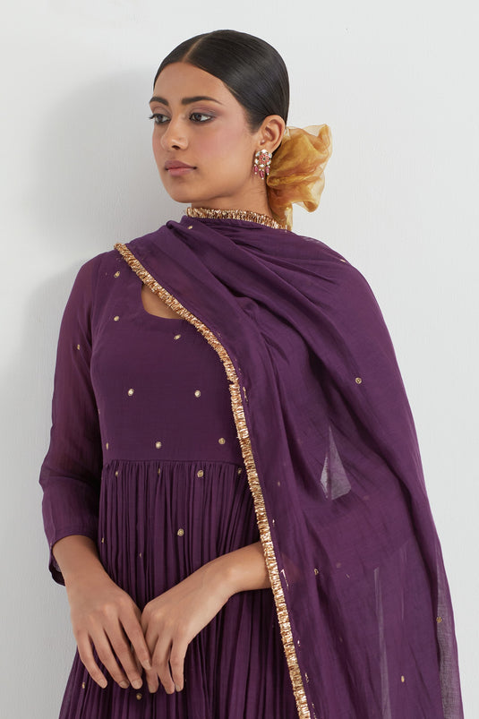 Purple Light Chanderi Embellished Sequin Round Butti Pattern Anarkali Pant Set