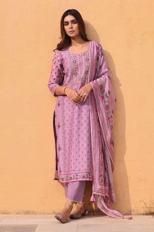 Purple Kurta And Dupatta Linen Printed Floral Stripe Notched Set