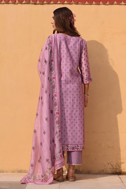 Purple Kurta And Dupatta Linen Printed Floral Stripe Notched Set