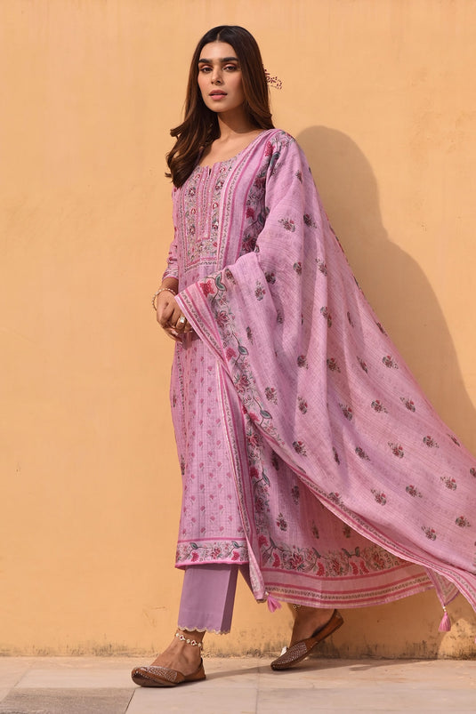 Purple Kurta And Dupatta Linen Printed Floral Stripe Notched Set