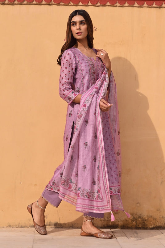 Purple Kurta And Dupatta Linen Printed Floral Stripe Notched Set