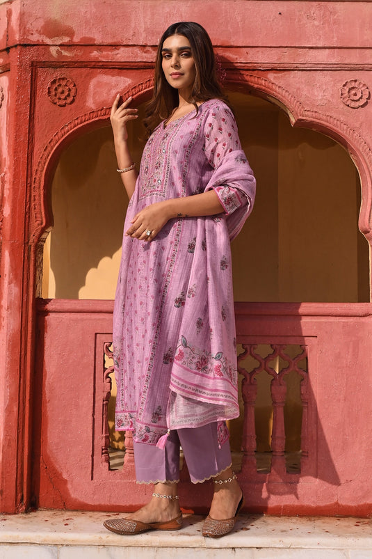 Purple Kurta And Dupatta Linen Printed Floral Stripe Notched Set