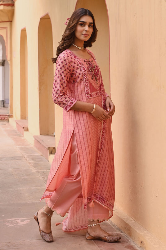 Orange Kurta And Dupatta Linen Printed Chevron Notched Set