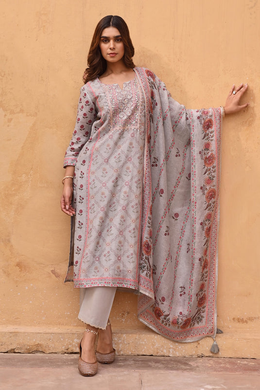 Grey Kurta And Dupatta Linen Printed Floral Notched Straight Set