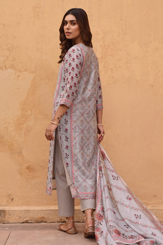 Grey Kurta And Dupatta Linen Printed Floral Notched Straight Set