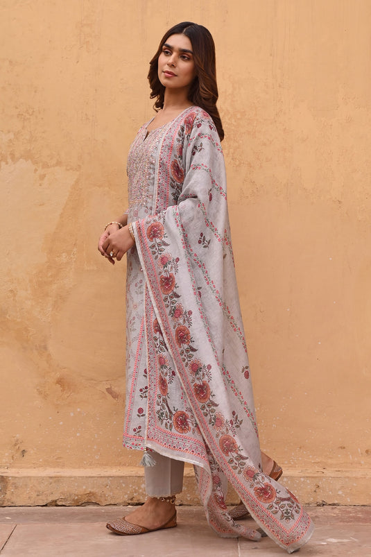 Grey Kurta And Dupatta Linen Printed Floral Notched Straight Set