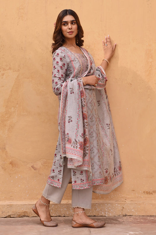 Grey Kurta And Dupatta Linen Printed Floral Notched Straight Set