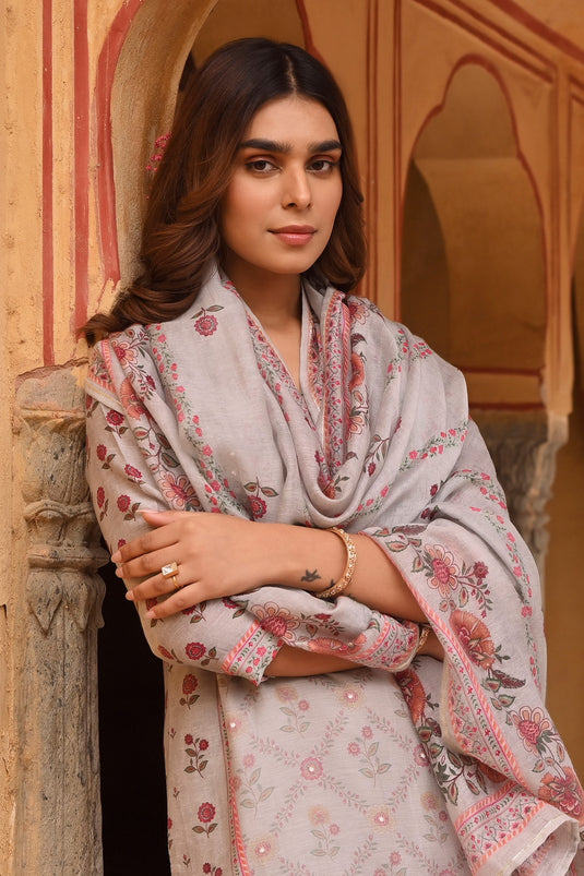 Grey Kurta And Dupatta Linen Printed Floral Notched Straight Set