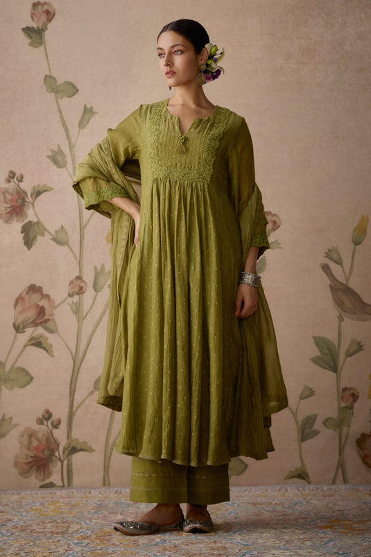 Green Kurta And Dupatta Chanderi Embroidered Bead Notched Lace A-line Set