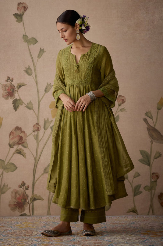 Green Kurta And Dupatta Chanderi Embroidered Bead Notched Lace A-line Set