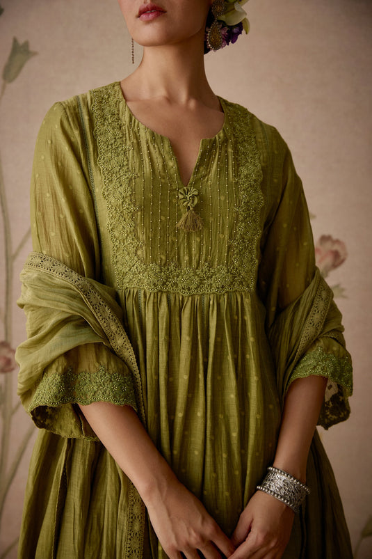 Green Kurta And Dupatta Chanderi Embroidered Bead Notched Lace A-line Set