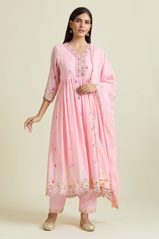 Peach Anarkali And Dupatta Cotton Mulmul Embroidery Sequin V-neck & Pant Set