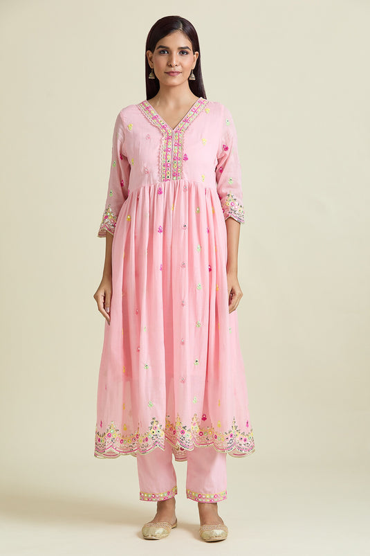 Peach Anarkali And Dupatta Cotton Mulmul Embroidery Sequin V-neck & Pant Set