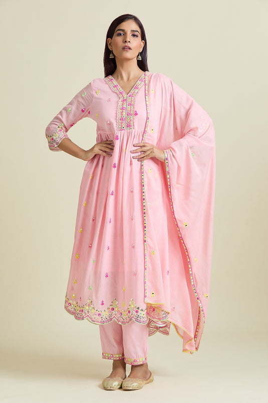 Peach Anarkali And Dupatta Cotton Mulmul Embroidery Sequin V-neck & Pant Set