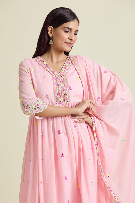 Peach Anarkali And Dupatta Cotton Mulmul Embroidery Sequin V-neck & Pant Set