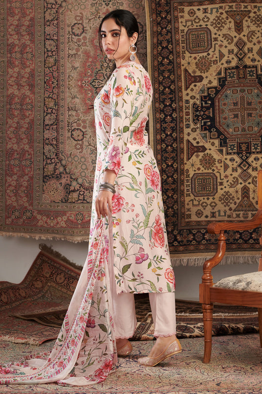 Ivory Cotton Silk Hand Embroidery Floral V Neck Pattern Kurta Set