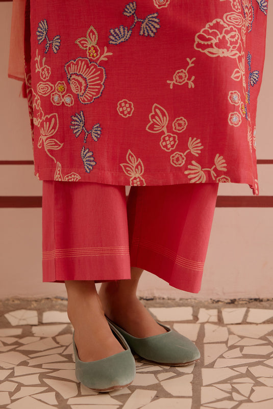 Pink Muslin Cotton Printed Floral V Neck Kantha Embroidered Kurta Pant Set