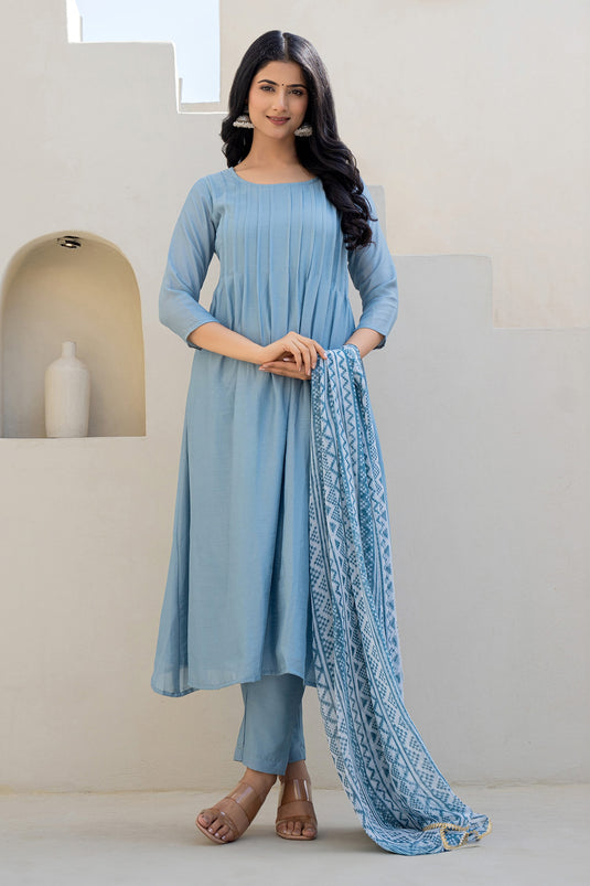 Blue Chiffon Crepe Printed Dupatta Geometric Round Plain Anarkali And Pant Set