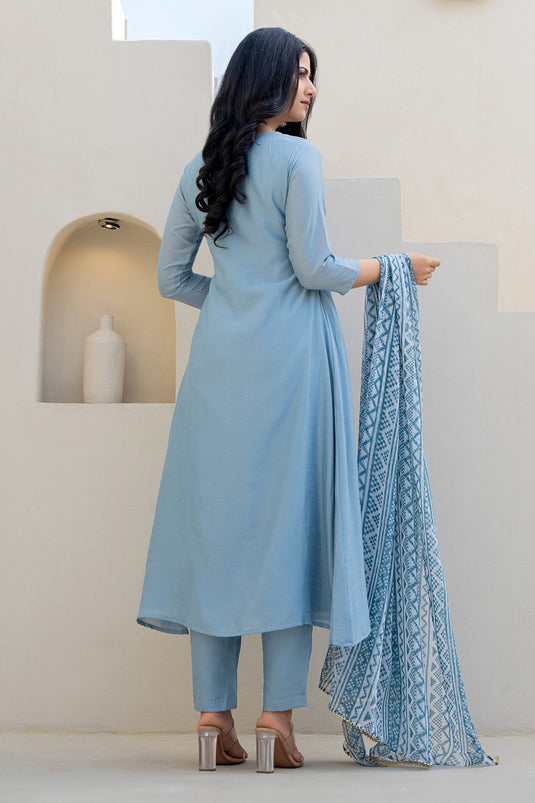 Blue Chiffon Crepe Printed Dupatta Geometric Round Plain Anarkali And Pant Set