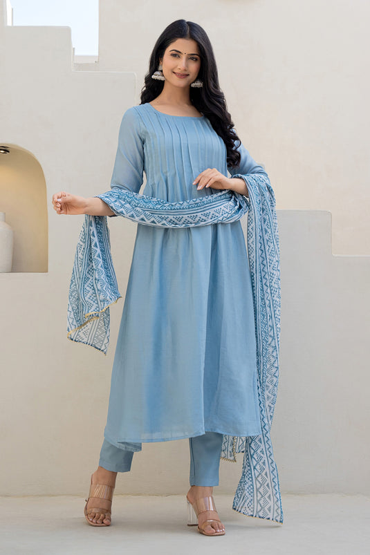 Blue Chiffon Crepe Printed Dupatta Geometric Round Plain Anarkali And Pant Set