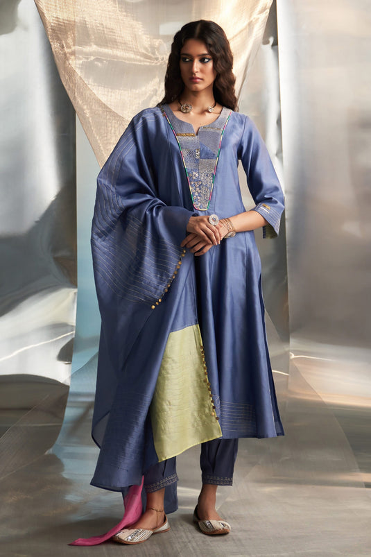 Blue Kurta And Dupatta Chanderi Embroidered Zari Bodice Panelled Salwar Set