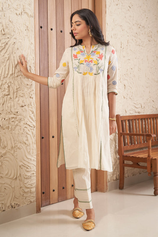 Beige Embroidery Applique Notched Bella Floral Kurta And Pant Set