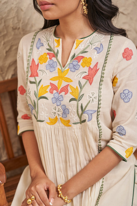 Beige Embroidery Applique Notched Bella Floral Kurta And Pant Set