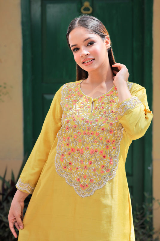 Yellow Dola Silk Hand Embroidery Floral Bloom Round Neck Kurta Pant Set