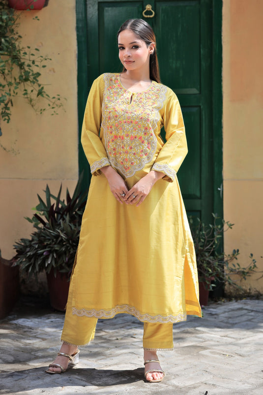 Yellow Dola Silk Hand Embroidery Floral Bloom Round Neck Kurta Pant Set