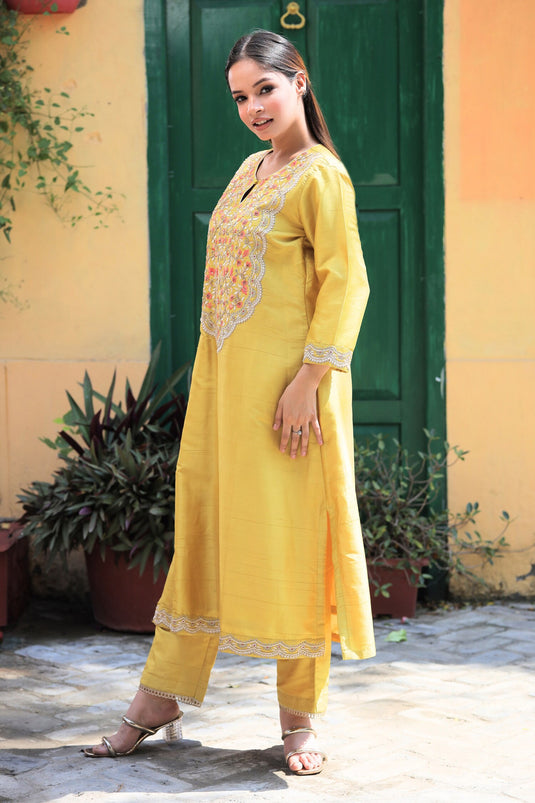 Yellow Dola Silk Hand Embroidery Floral Bloom Round Neck Kurta Pant Set