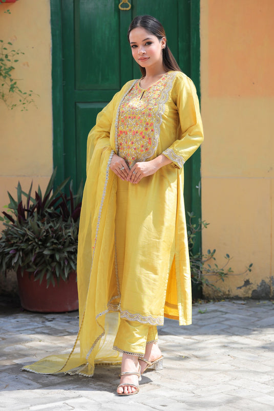 Yellow Dola Silk Hand Embroidery Floral Bloom Round Neck Kurta Pant Set