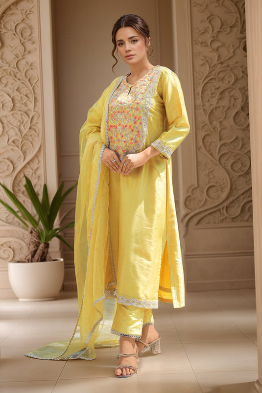 Yellow Dola Silk Hand Embroidery Floral Bloom Round Neck Kurta Pant Set