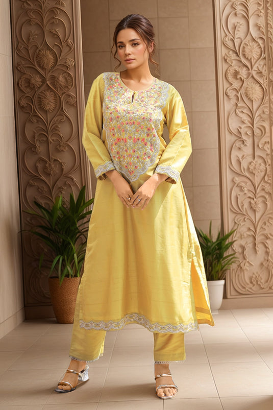 Yellow Dola Silk Hand Embroidery Floral Bloom Round Neck Kurta Pant Set