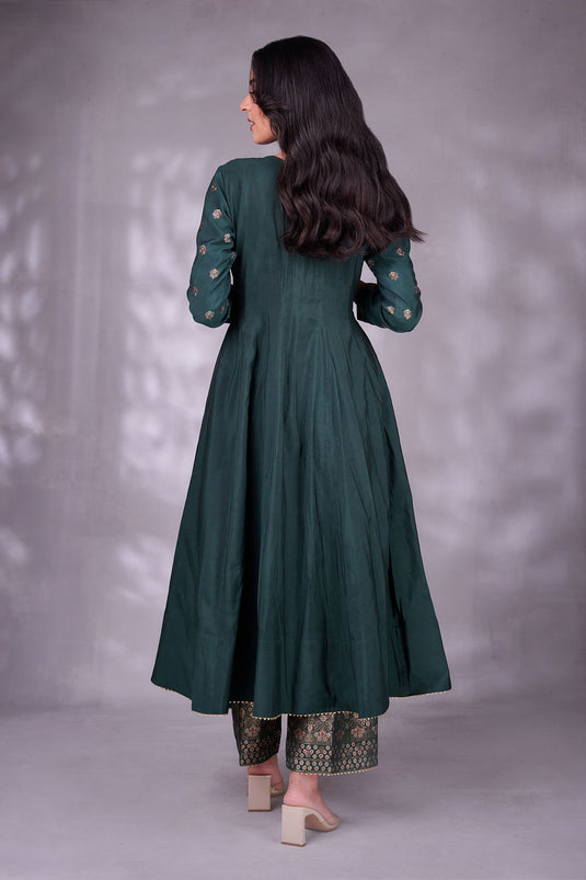 Green Moonga Silk Woven Floral Pattern Round Anarkali Set