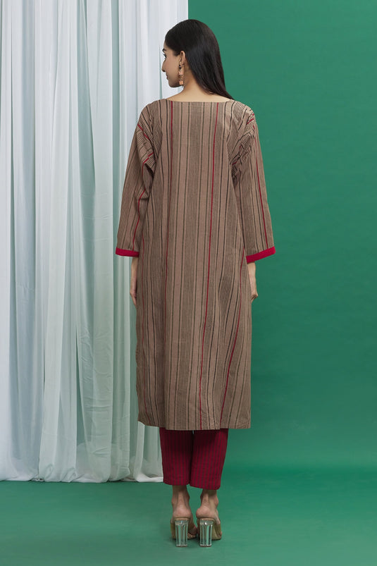 Brown Cotton Printed Stripe Round Kurta Set