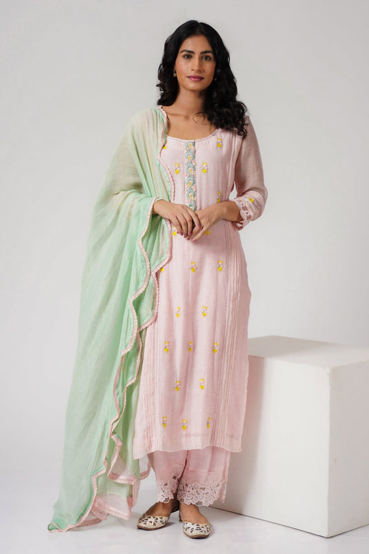 Pink Chanderi Embroidery Resham Round Shaffan Kurta Set