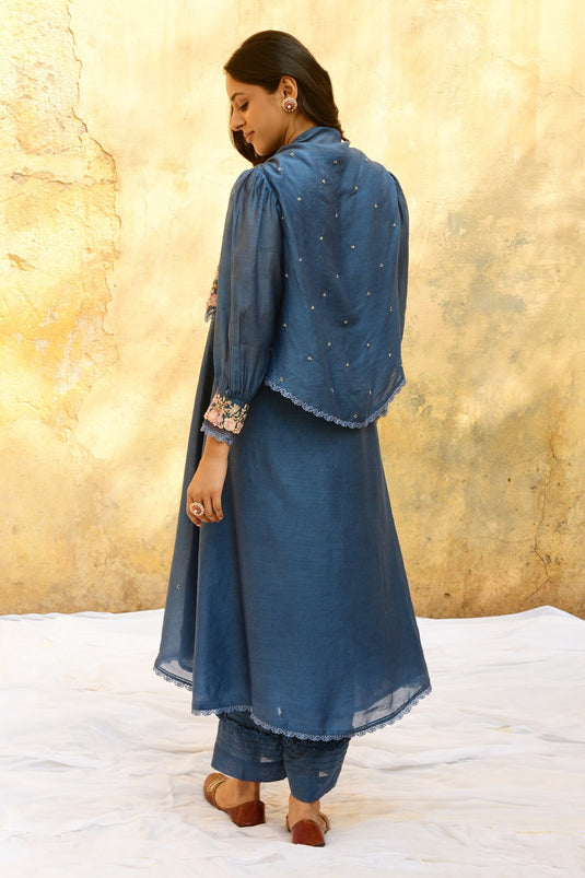 Blue Pure And Handwoven Banarasi Silk With Bemberg Jacket Kurta & Palazzo Set