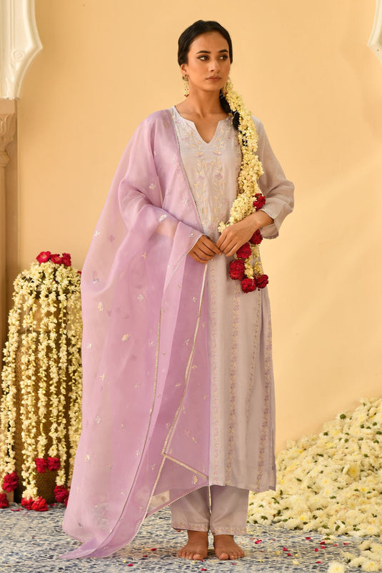 Purple Kurta And Pant Muslin Silk & Dupatta Organza Lining Naira Floral Set