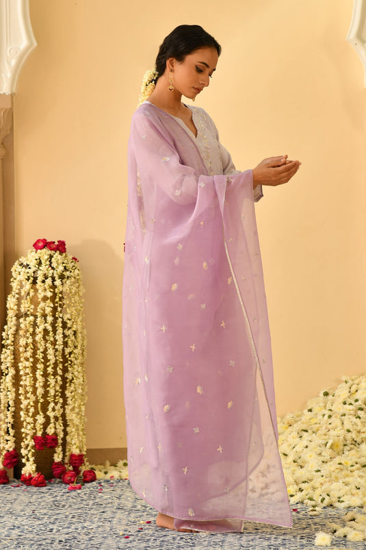 Purple Kurta And Pant Muslin Silk & Dupatta Organza Lining Naira Floral Set