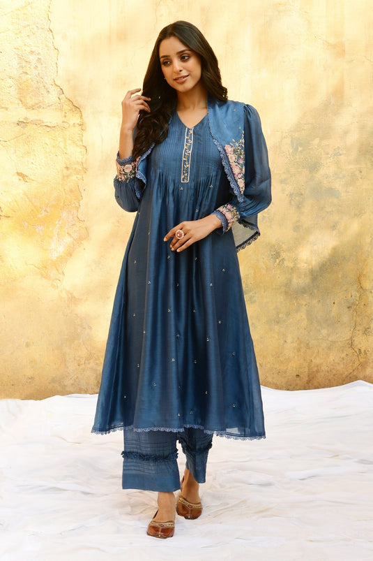 Blue Pure And Handwoven Banarasi Silk With Bemberg Jacket Kurta & Palazzo Set