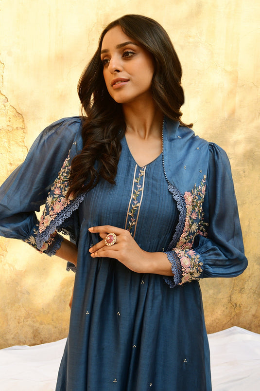 Blue Pure And Handwoven Banarasi Silk With Bemberg Jacket Kurta & Palazzo Set