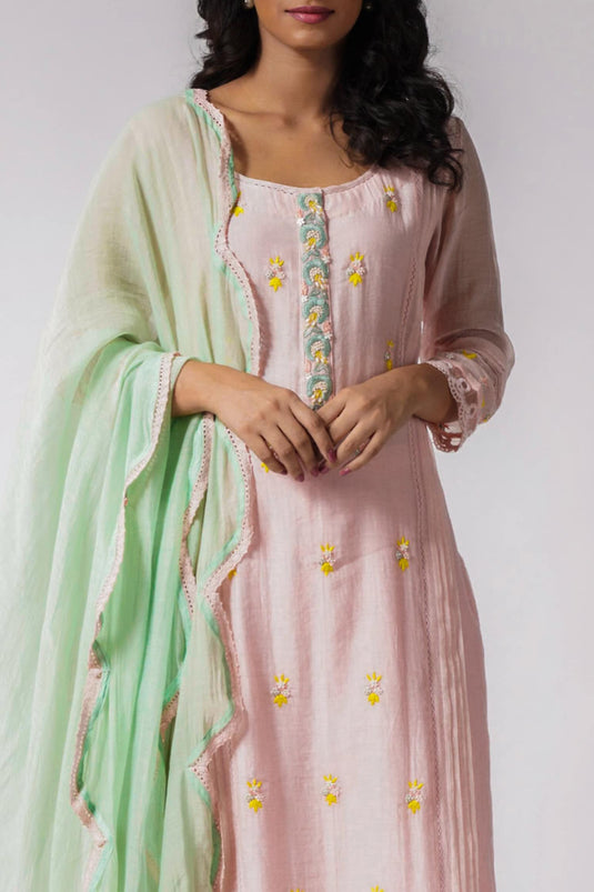 Pink Chanderi Embroidery Resham Round Shaffan Kurta Set