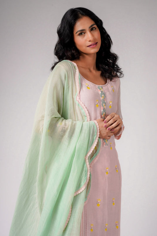 Pink Chanderi Embroidery Resham Round Shaffan Kurta Set