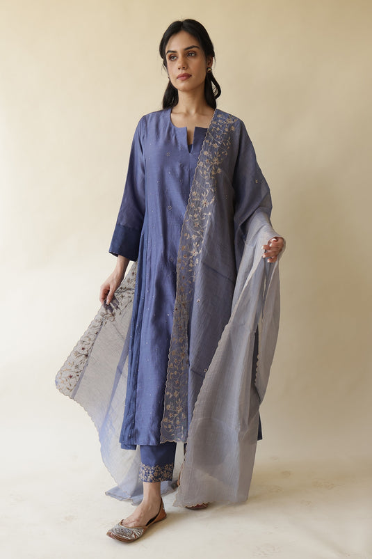 Blue Kurta Chanderi Embroidery Adiba Work Set