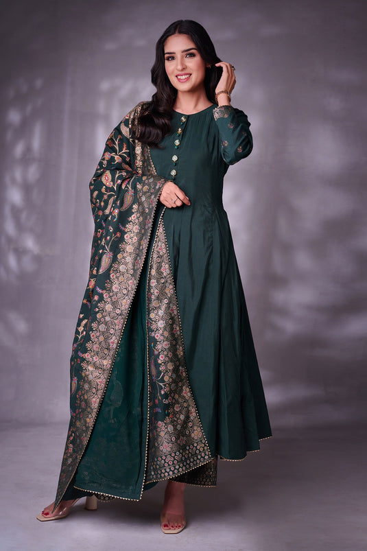 Green Moonga Silk Woven Floral Pattern Round Anarkali Set