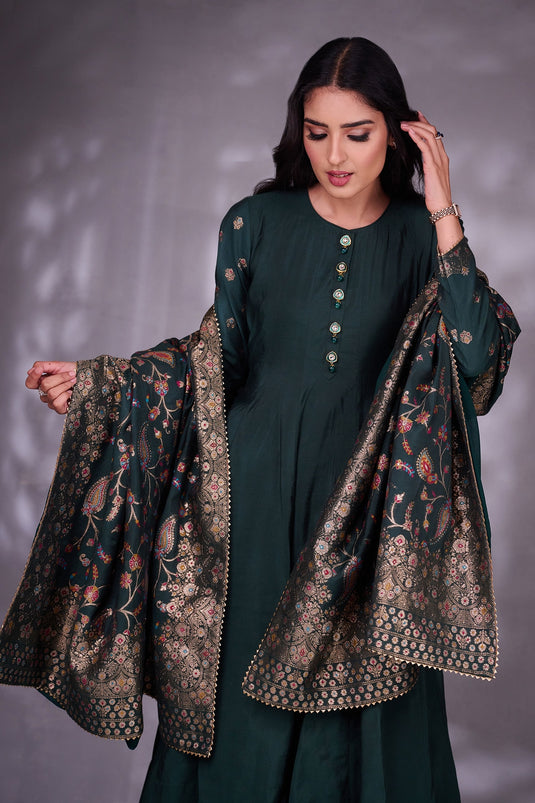 Green Moonga Silk Woven Floral Pattern Round Anarkali Set